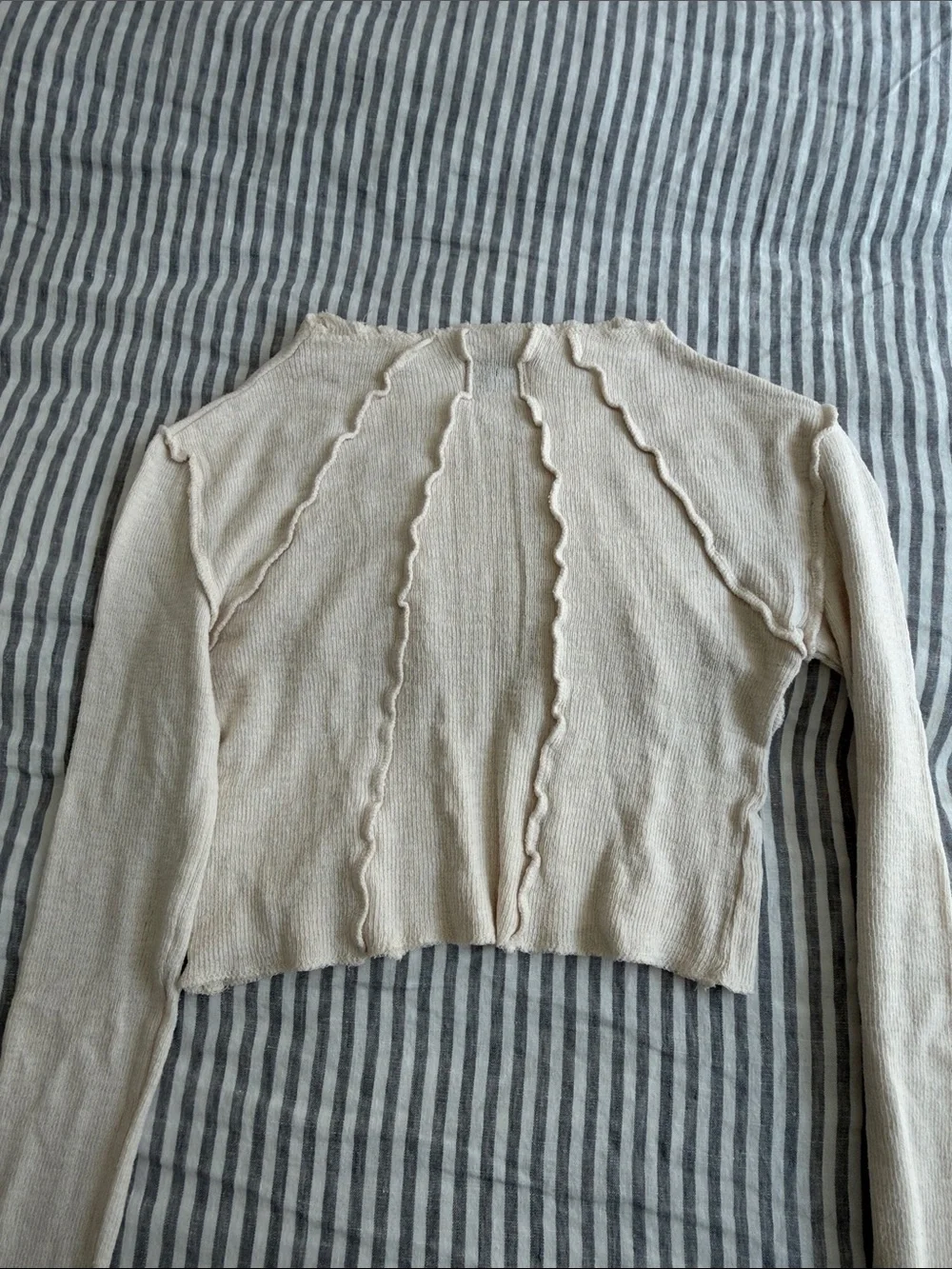 BDG Cream Cropped Ruffle-Trim Long Sleeve Top